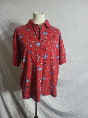 Vintage Tabasco Men's Sz Large Shrimp Crab All Over Print Red Polo Shirt
